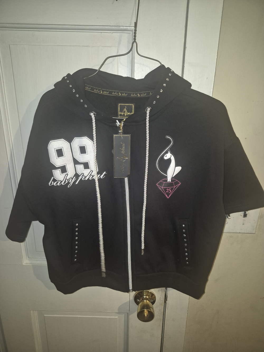 Baby Phat Black Short-Sleeve Zip Hoodie with White Accents